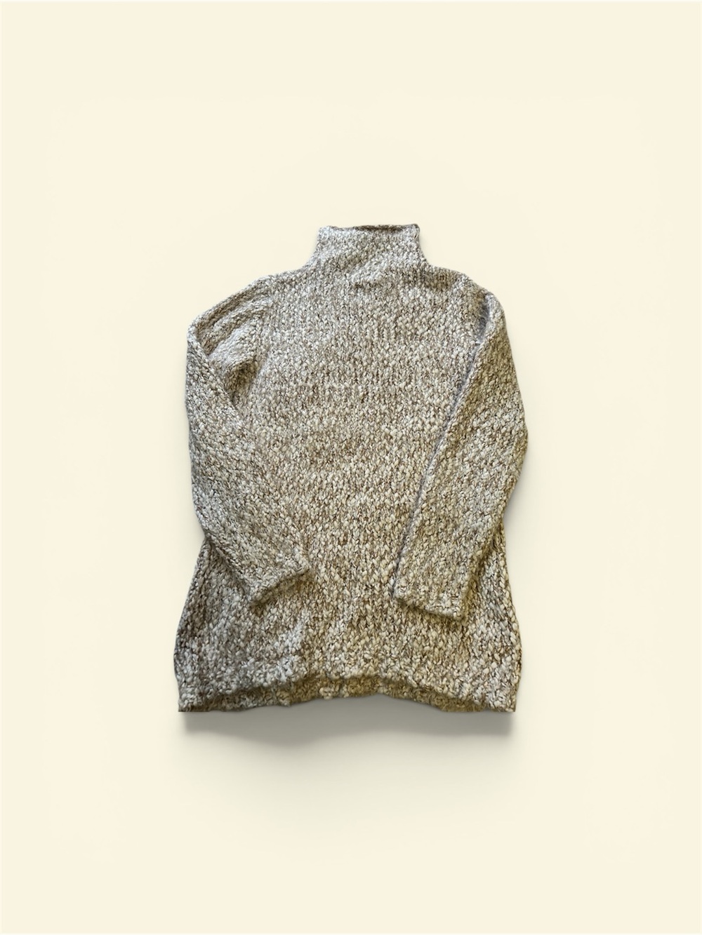 XS Women’s Brown Cozy High-Neck Knit Sweater in Heathered Cream